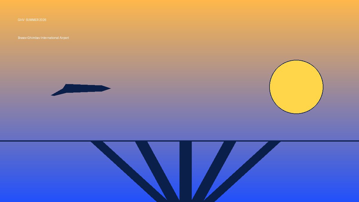 Sunset over the runway at Brasov-Ghimbav International Airport with a plane departing