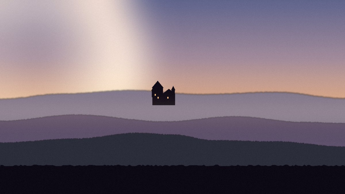 Bran Castle silhouette on a rocky outcrop above a forested valley with the Carpathians in the distance