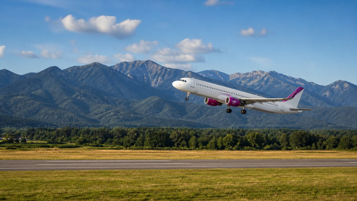 A passenger aircraft taking off with a runway and the forested Carpathian Mountains behind it